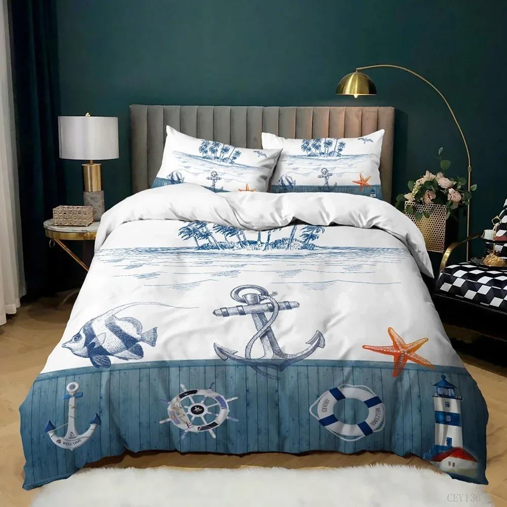 Ocean Bedding Set KingQueen Size Nautical Coastal Bedding Hippocampus Comforter Cover for Kids Boys Girls,Sea Animal Duvet Cover