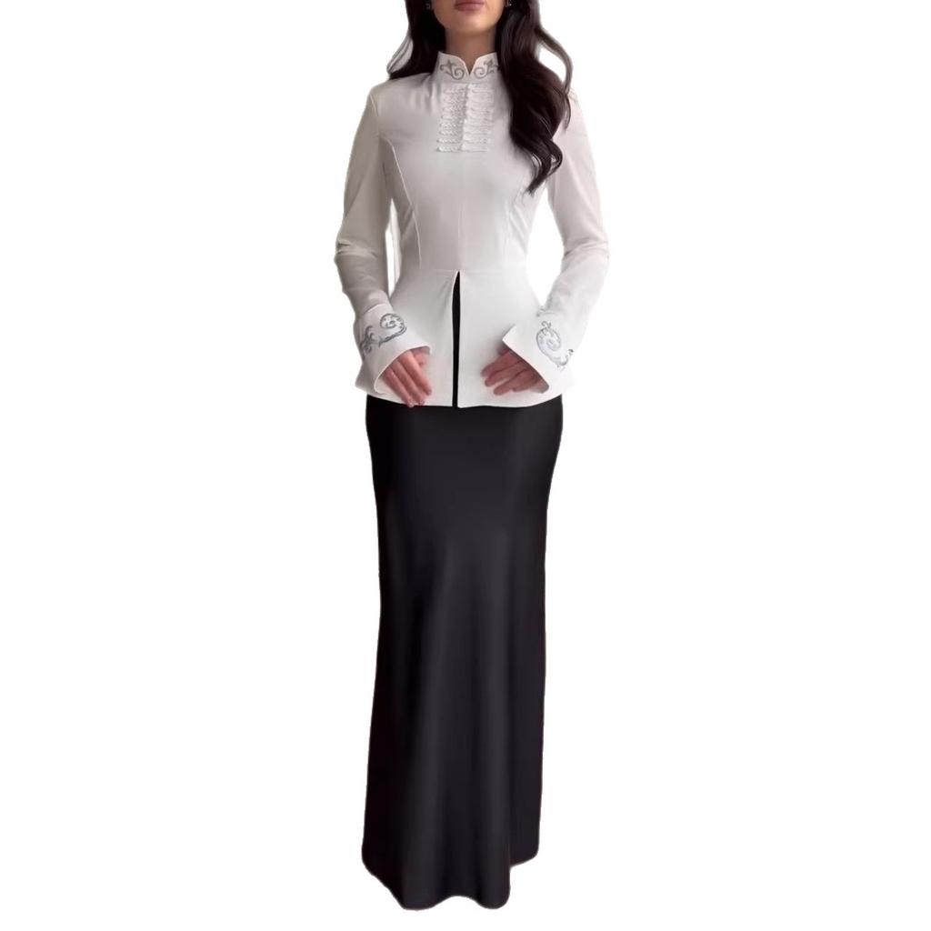 Cross-border European and American women's clothing  Amazon standing leader pattern handicap temperament long-sleeved jacket lace-up hip skirt
