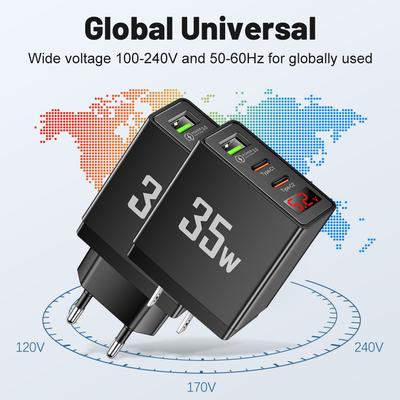 35W 3 Ports USB Fast Phone Charger EU/UK/US Plug For iPhone Xiaomi Type C PD Charger LED Display Phone Charger Adapter