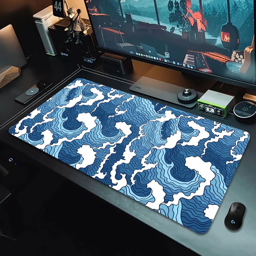 Japanische Blaue Wellen Kunst Mauspads XXL Gaming Gummi-Mauspads Großes Büro Langes Mauspads Gummi-Tischmatte Schreibtisch Zubehör Teppich