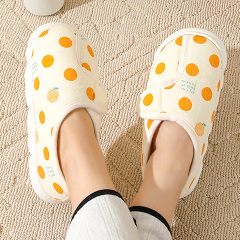 Fashion Lovely Fruit Print Cotton Slippers Women Winter Hook and Loop Non-Slip Plush Slides Women Soft Faux Fur Warm Slipper Mujer