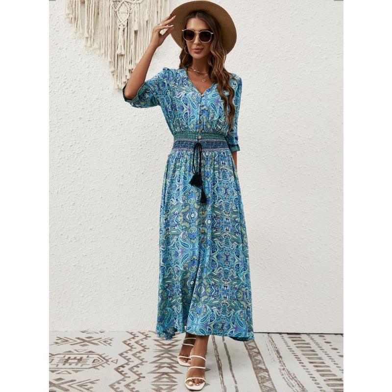 Abito estivo da donna settima manica con coulisse in vita Abiti casual da spiaggia per vacanze bohémien