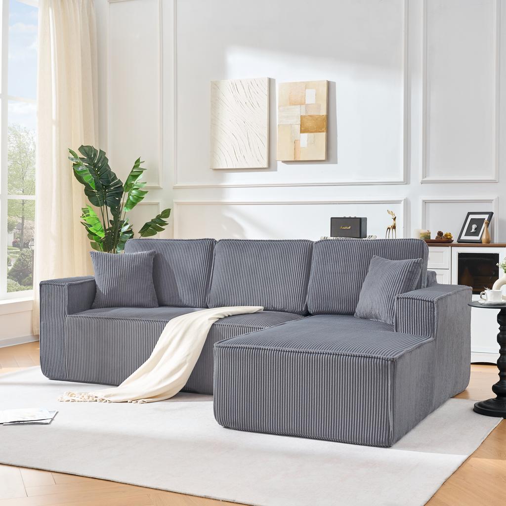 Fully Compressed L-shaped Corduroy Sofa, 2-person Seating Group + Chaise Longue Corner, Soft High-density Foam Padding, for Living Room, Gray