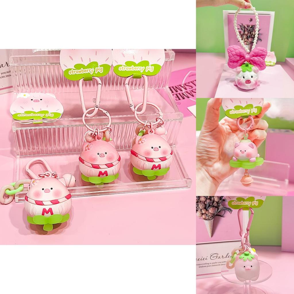 Cute Plush Strawberry Pig Keychain Adorable Car Hanging Decoration Key Accessory