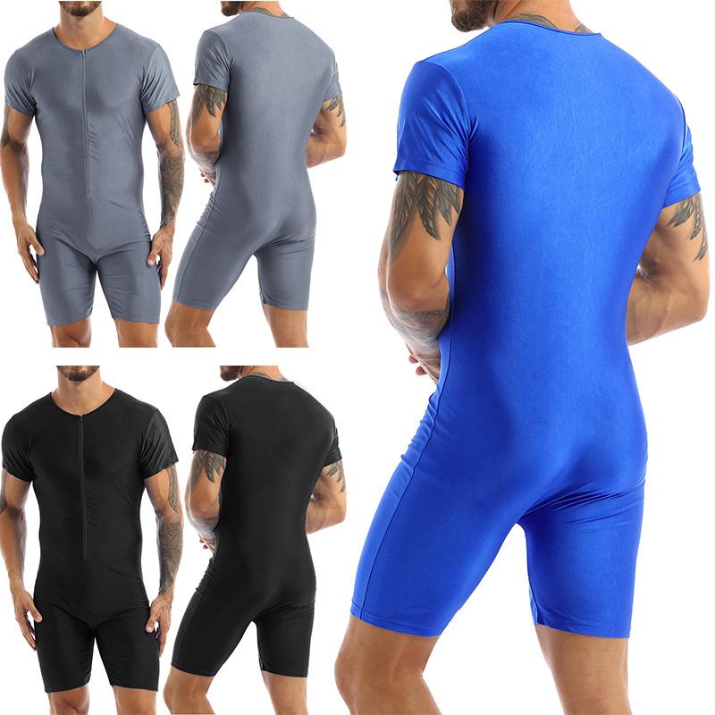 Men's One-piece Sportwear Short Sleeve Front Zipper Soft Boxer Briefs Leotard Bodysuit Jumpsuit Swimwear
