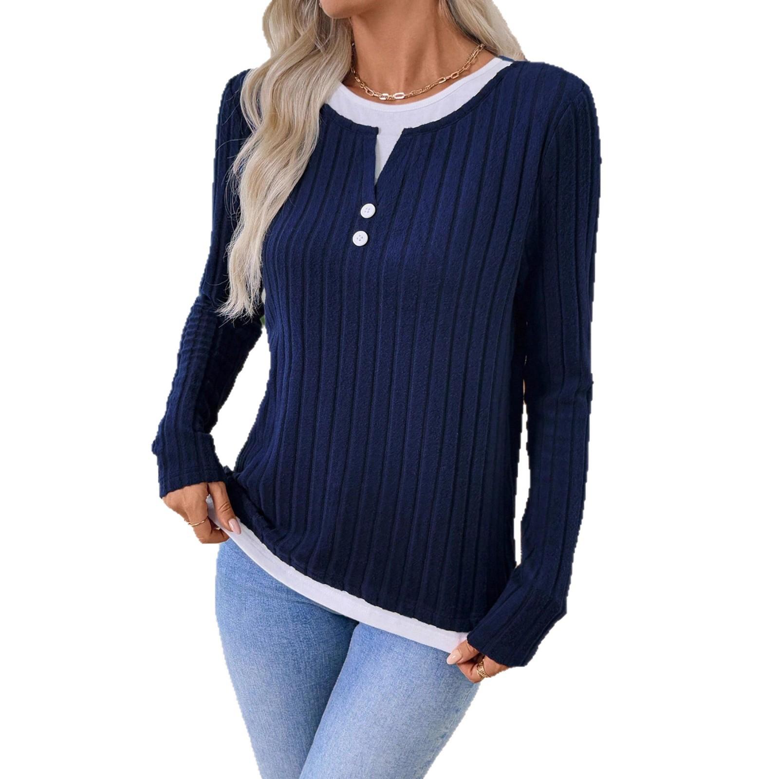 

Autumn and Winter 2025 New Fake Two-piece Long-sleeved Sweater for Women Bottoming Sweater Slim Top T-shirt for Women S