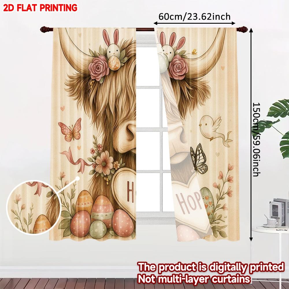 2D Flat Printing 2pcs Scene Curtain Cute Calf and Egg Pattern Digital Printed Polyester Drapes Party Decorations Use for Holiday