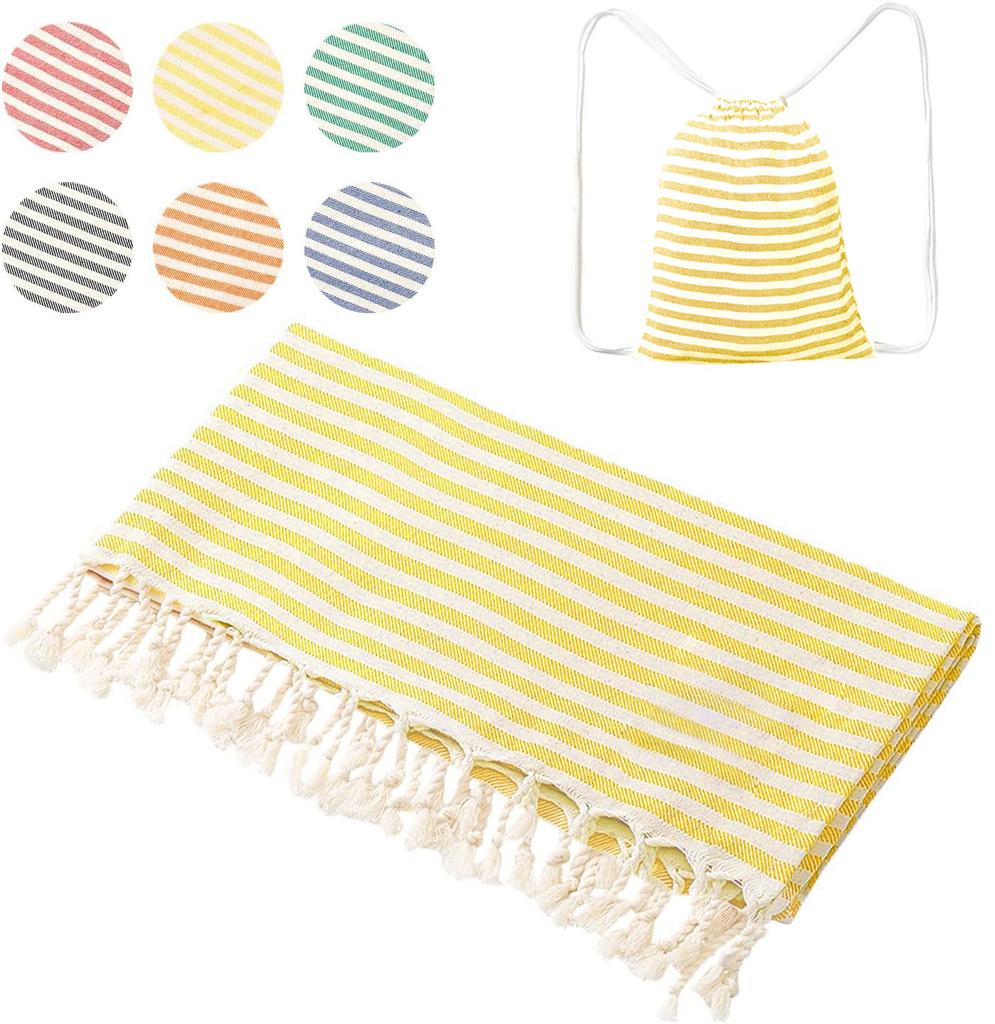 High Quality Custom Cotton Tassel Turkish Hammam Stripe Fouta Beach Towels Bag Printed Summer Use for Bath or Swim