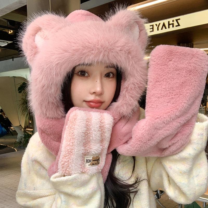 

New Autumn and Winter Plush Warm Hat for Women Cute Little Bear Winter Plush Thickened Ear Protection Hat Scarf Integrated Hat