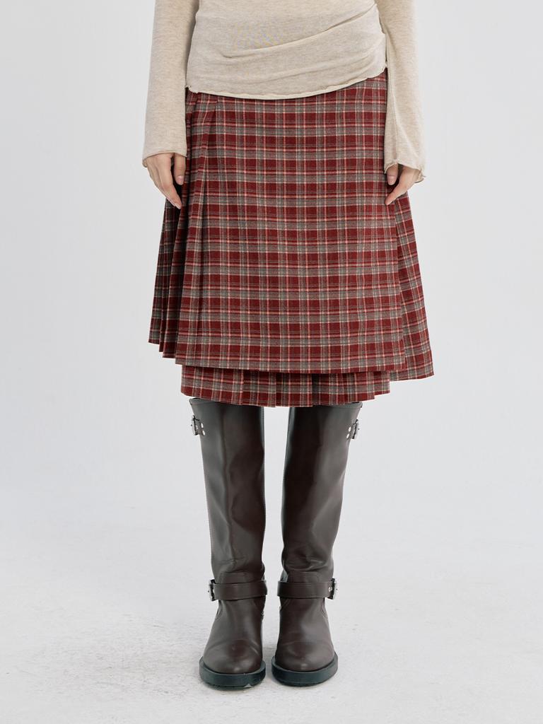 Opish Layered Check Pleats Wrap Skirt, Red