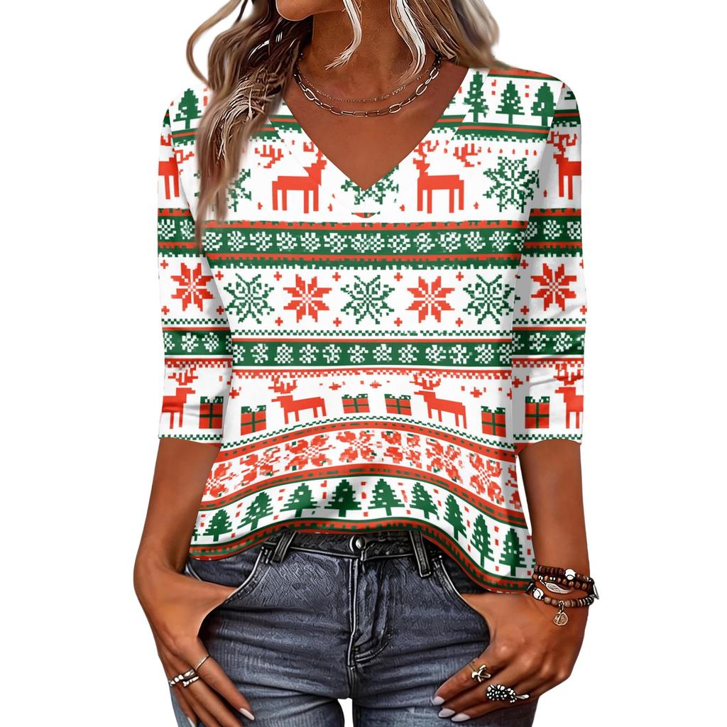 Women's Christmas Print V-Neck Three-Quarter Sleeve Casual Loose Fit Shirt