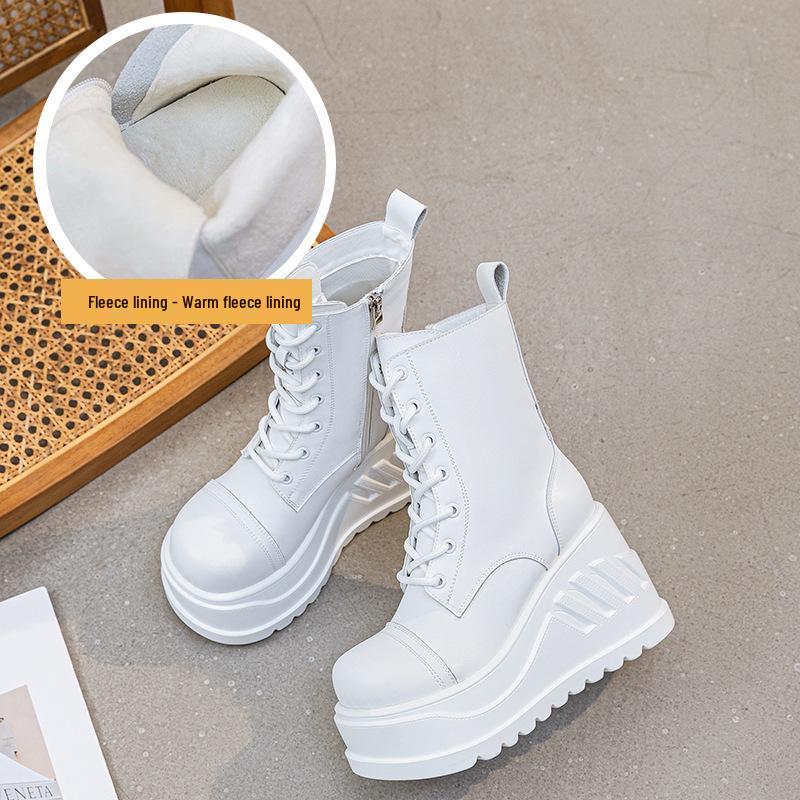 Damskie botki Martin 10CM – jesień/zima 2025, na obcasie klinowym, z zamkiem błyskawicznym z boku, sznurowane, wyszczuplające, skórzane botki do połowy łydki