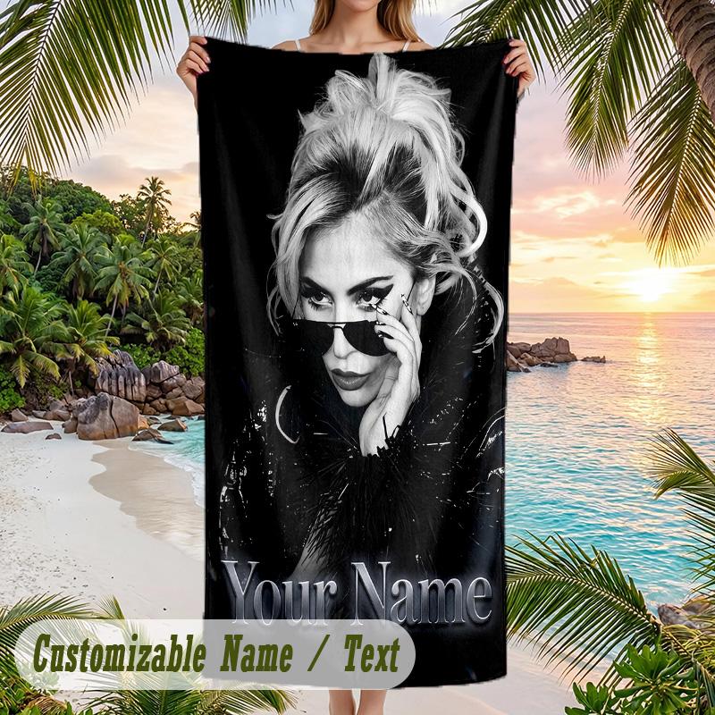 Lady Gaga Beach Towel, Personalized Custom Name Text, Quick Dry Large Absorbent Towel For Beach Pool