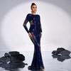 Elegant Long-Sleeve Sequin Evening Dress with Round Neck for Bridesmaids