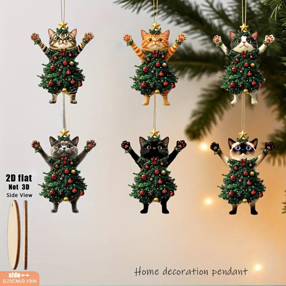 6PCS Wooden Cat Christmas Ornaments – Cute 2D Xmas Tree Hanging Pendants for Holiday Home, Window & Party Decor