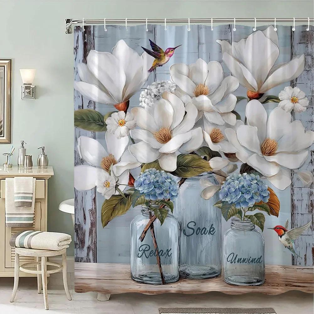 Rustic Wooden Panel Floral Shower Curtain Hummingbird Sunflower Lavender Polyester Fabric Bath Curtain Bathroom Decor with Hooks