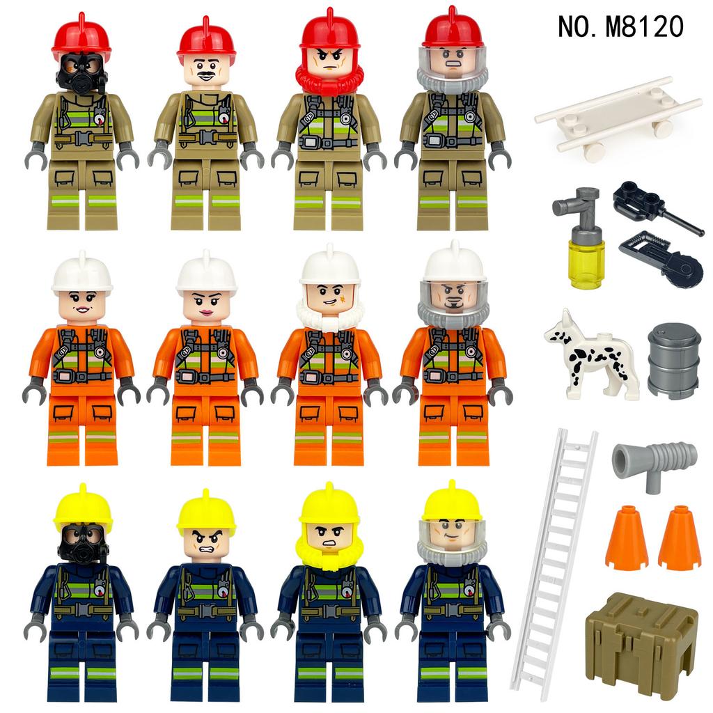 M8253 Blue Sky Fire Rescue Team Miniature Children Assemble Small Particle Building Block Toy Stretcher Wheel