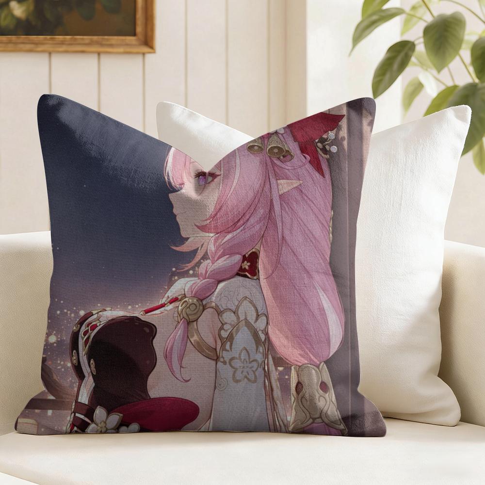 Elysia Animation HHonkai IImpact Cushion Cover Natural Linen Double Sided Print  Throw Pillow Case for Sofa Couch Home Decor