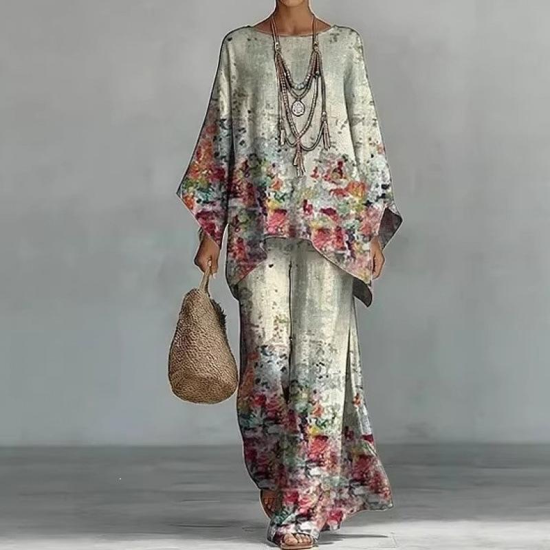 16 European and American women's clothing Y1 large size thin ethnic style dress set Bohemian casual large size jumpsuit