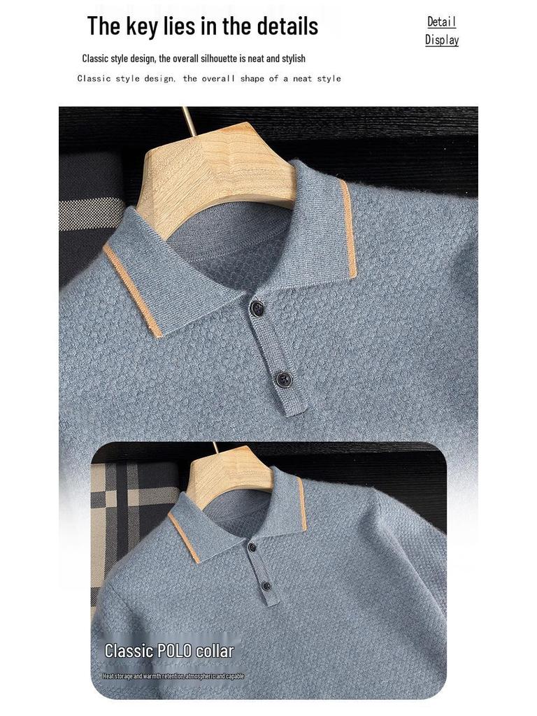 Men's Cashmere Polo Neck Short Sleeve Sweater - Autumn/Winter Business Casual