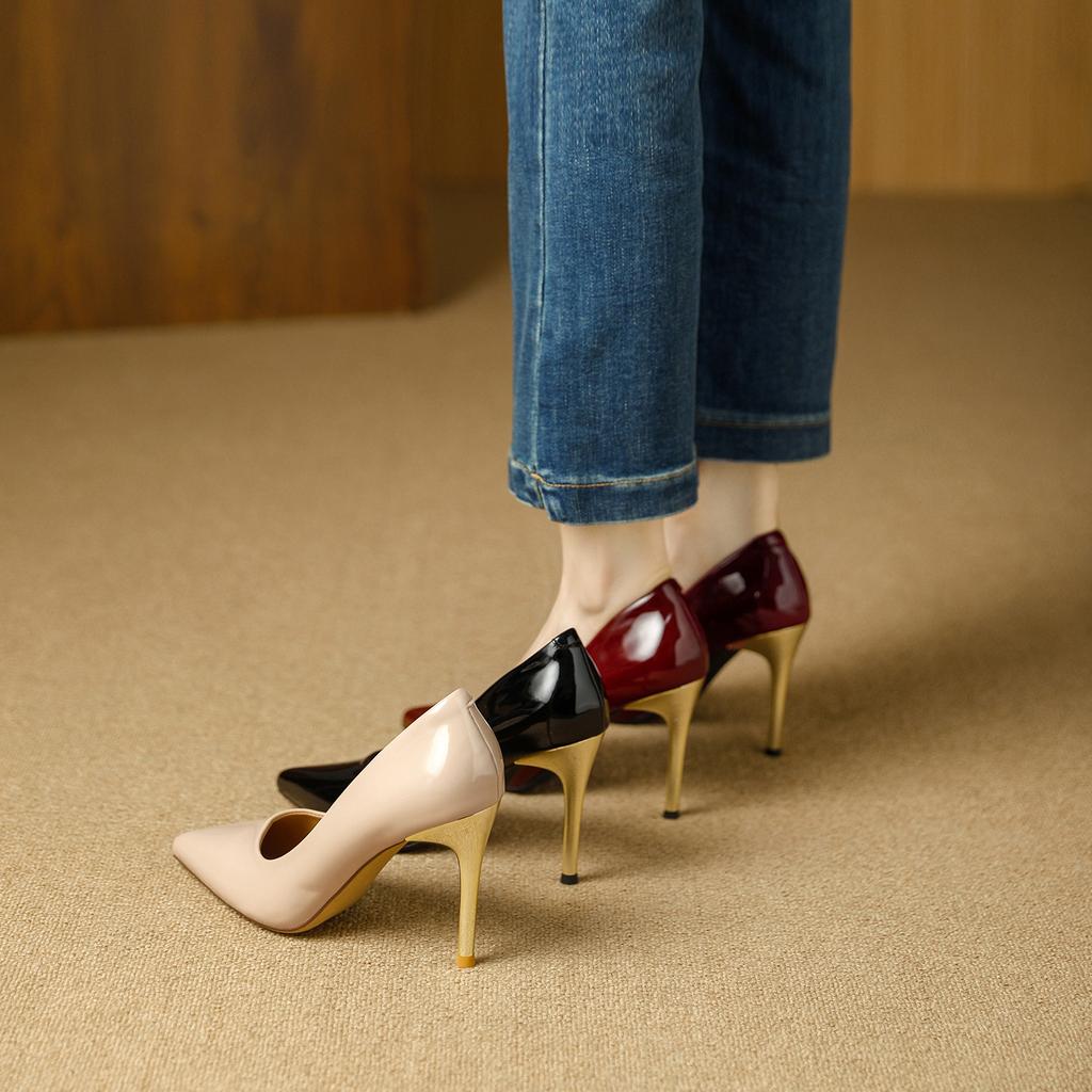 Thin heels high heels 2026 spring French patent leather glossy temperament pointed wedding shoes foot cover shallow mouth single shoes