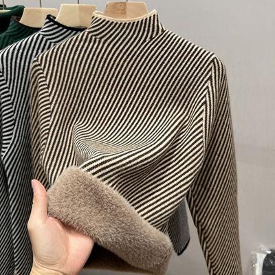 Velvet Striped Semi High Neck Sweater with Added VelvetWomen's Autumn and Winter High-end Base ShirtThick Knit Sweater
