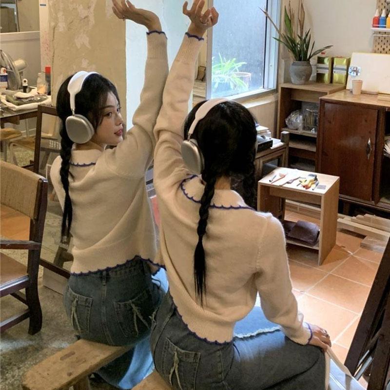 Cardigan-Pullover weiblich POLO-Kragen kurze Jacke Strickpullover Design Langarm vielseitige Oberbekleidung Pullover weiblich