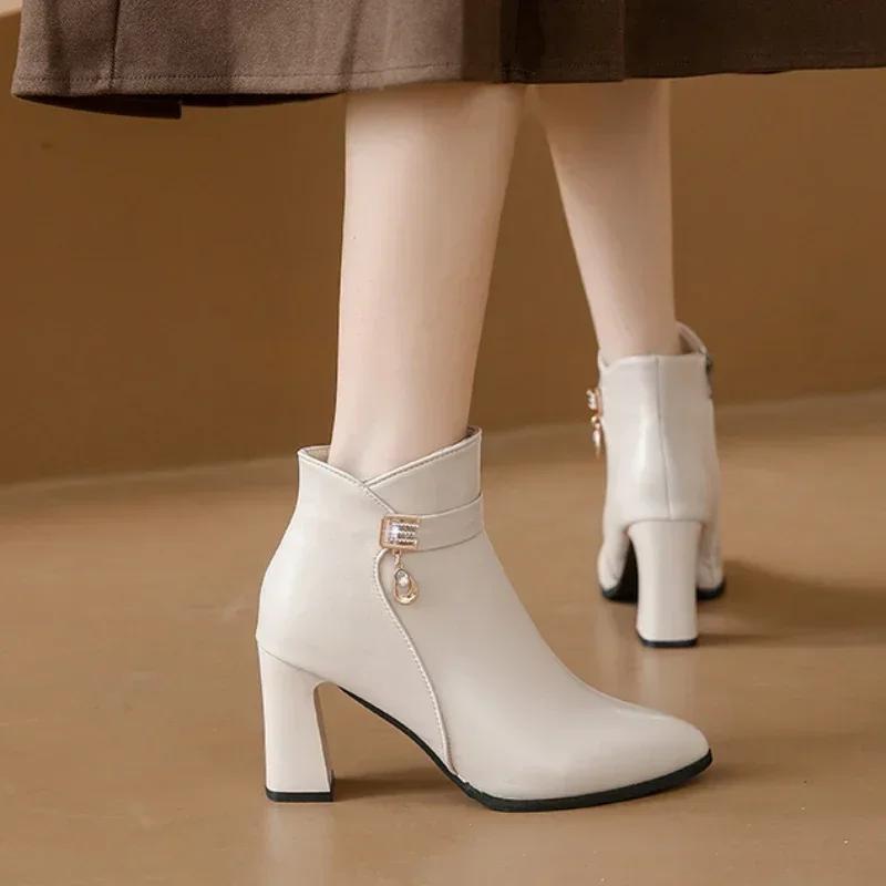 Fashion Winter New Fashion Casual Fashion Shoes Pointed Toe Thick Heels Solid Color Side Zipper Elegant and Comfortable Women's Boots