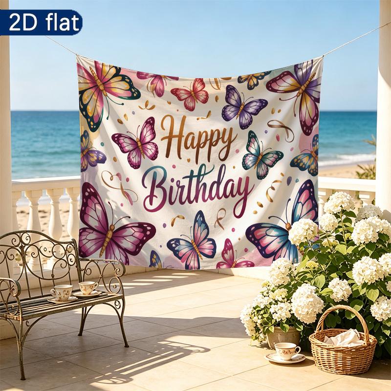 Birthday Party Butterfly Gifts Banner, Colorful Polyester Backdrop for Wall Hanging Decor