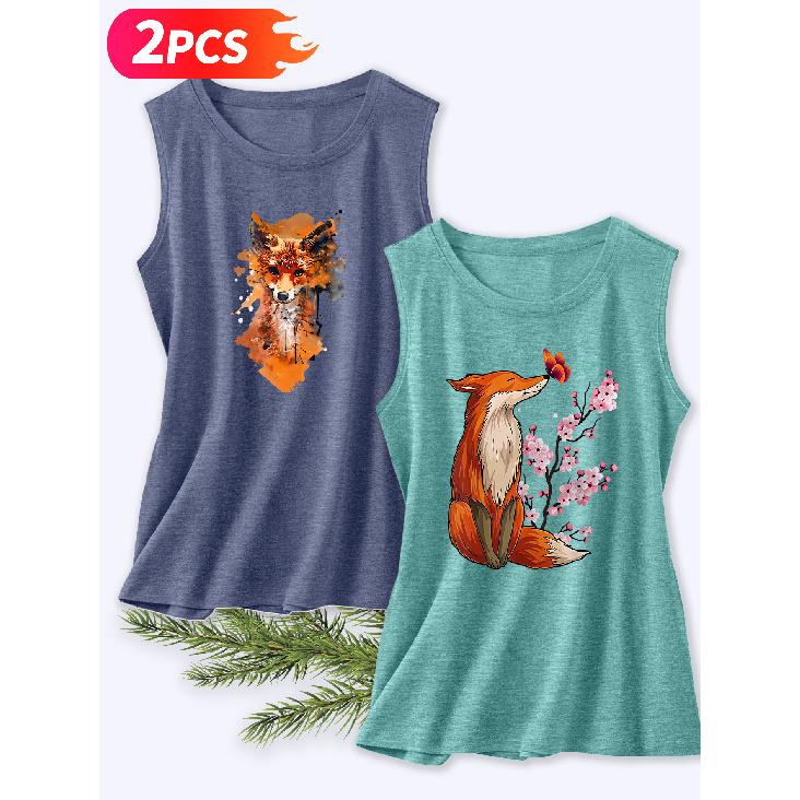 Follow a Specific Direction Two-piece Women's Vest Set Watercolor Fox and Cherry Blossom Vintage Print Elegant Summer Clothing Sleeveless Vest