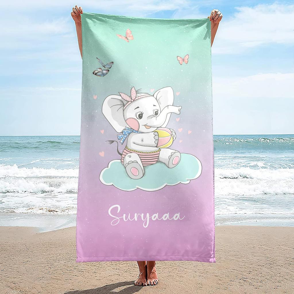 Custom Name Beach Towel for Kids Girls Boy Teen Personalized Cute Cartoon Elephant Bath Towel for Travel Beach Pool Gym Yoga Mat