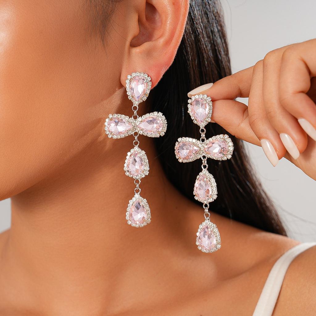 Court style diamond-set water drop-shaped fringed silver needle earrings temperament exquisite light luxury earrings