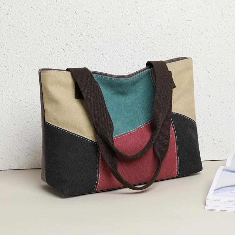 Yogodlns New Spliced Canvas Women's Shoulder Bag Large-capacity Portable Messenger Bag Casual Ethnic Style Contrasting Color Bag