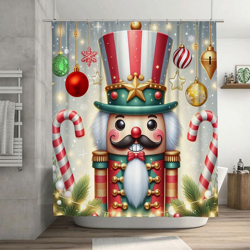 

Classic Nutcracker Soldier Shower Curtain, Red Green Gold Uniform With Candy Canes For Traditional Christmas Bathroom Decor W60H190(CM)-1 Pcs