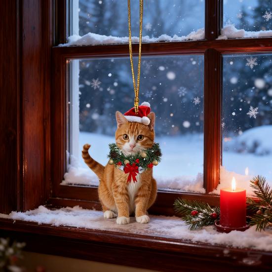 Christmas Pendant 2D Acrylic Cat Wearing Xmas Wreath Charm Car Hanging Ornament Home Office