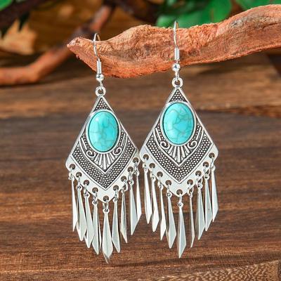 Hot Sale, Fashion Rhombus Earrings Women's, Creative Vintage Turquoise Earrings Fringed Earrings
