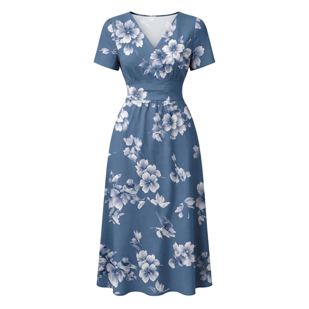 Womens Short Sleeve V Neck Floral Print Midi Dress Casual Elastic Waist Summer A Line Dress for Holiday and Daily Wear