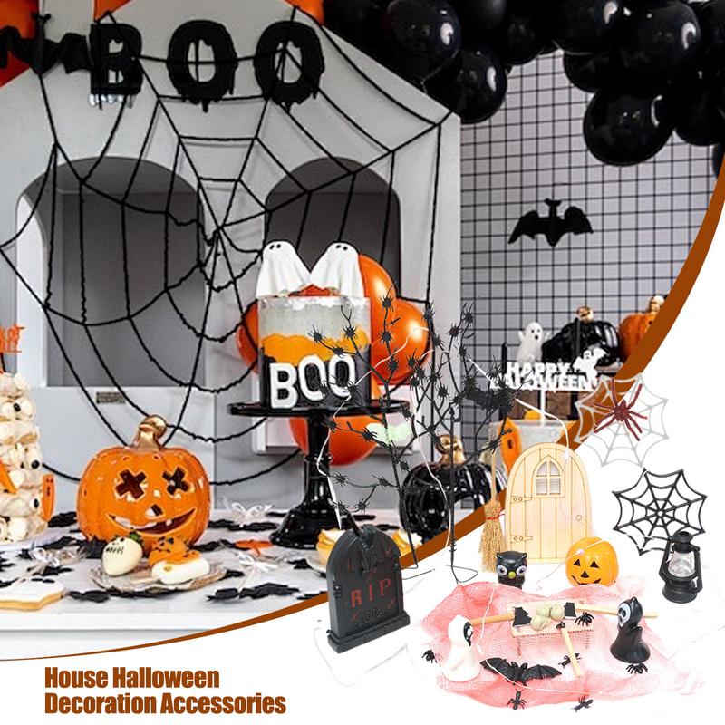 Halloween Miniature Ornament Pumpkin Resin Figurines Ornaments With String Light Halloween Garden Adornments Ghost Doll Miniatur