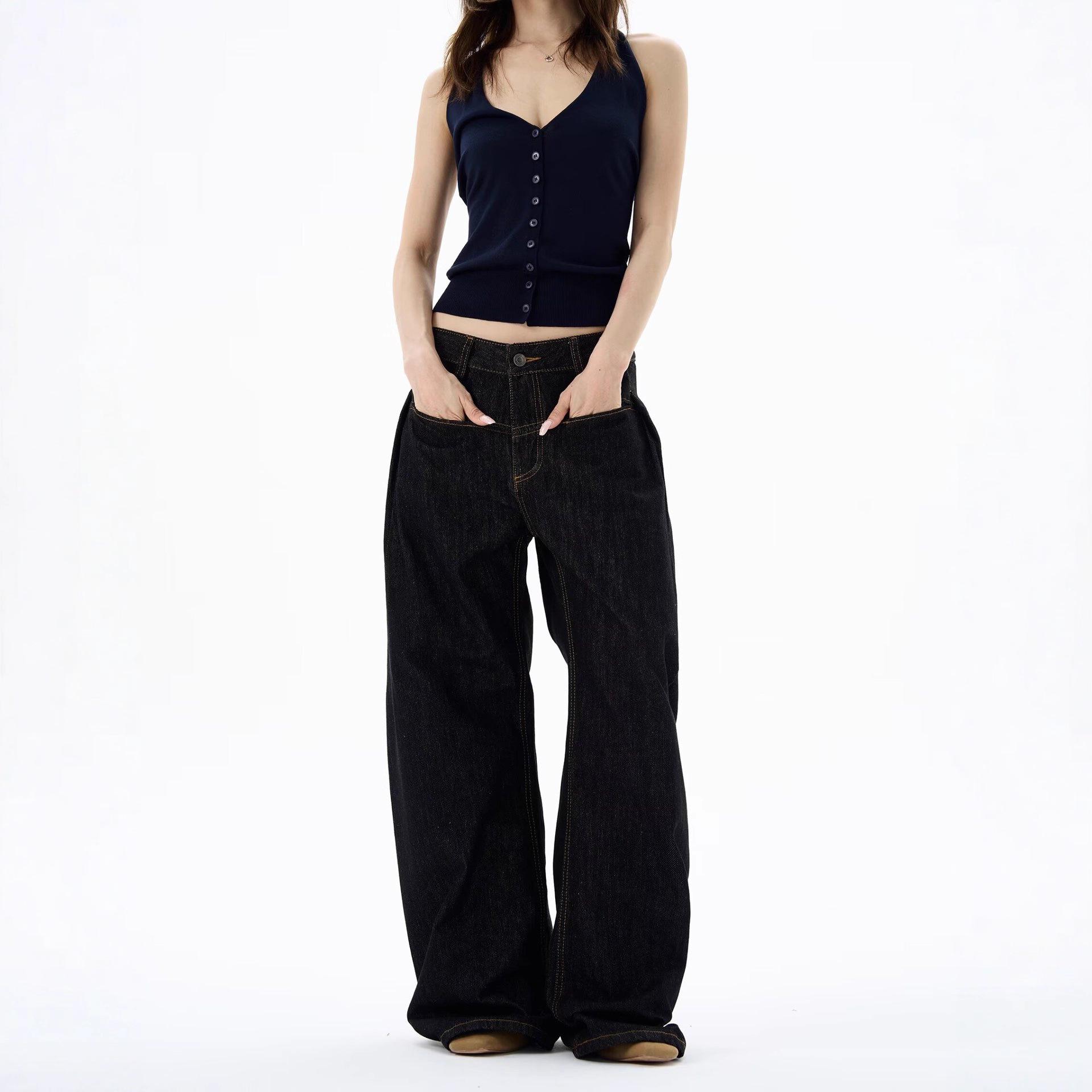 

2025 Dark Blue Slim Wide-Leg Soft Denim High Waist Floor-Length Pants for Women Medium
