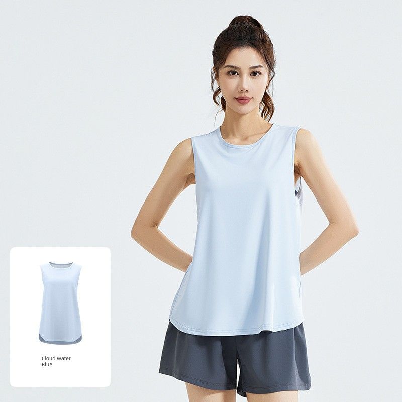 

Yoga Mesh Sleeveless T-shirt Silm Hip-Covering Tops Cloud Water Blue S