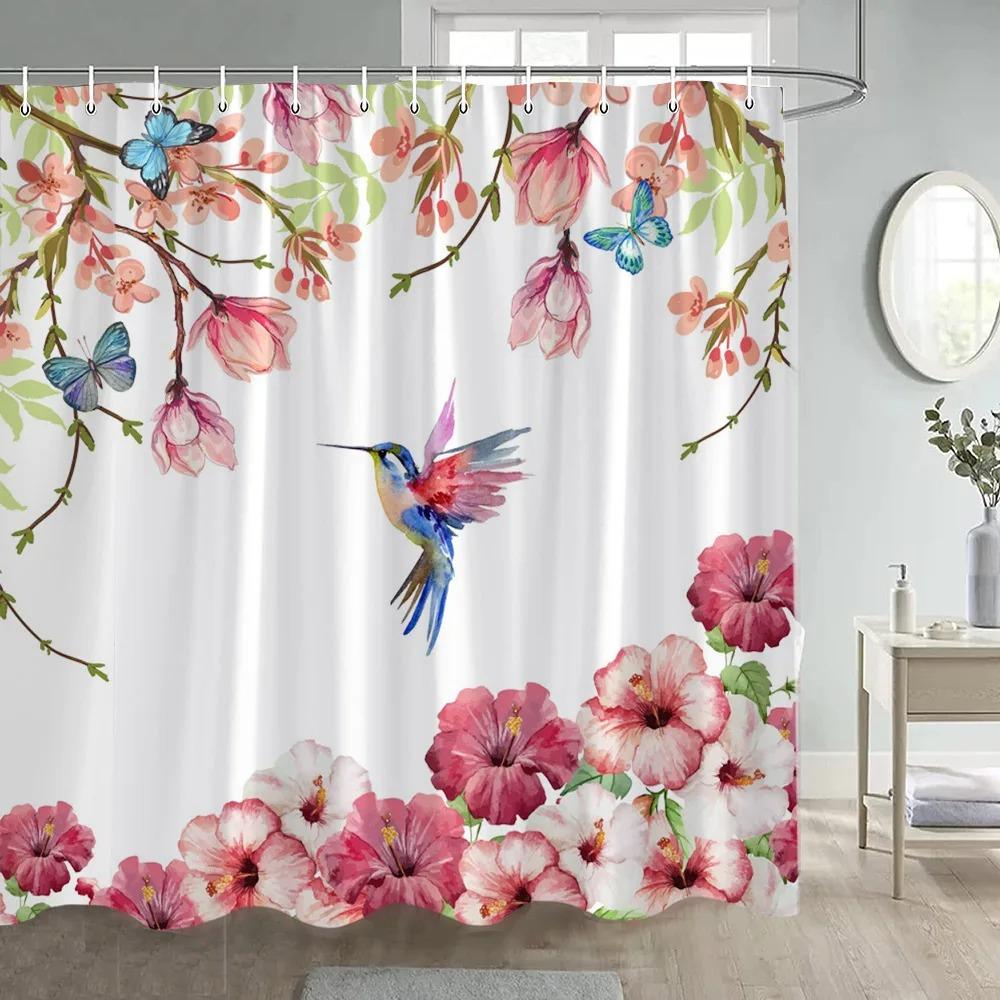 Kolibris Duschvorhang Weiß Blumige Pflanze Aquarellkunst Modern Einfach Stoff Badezimmer Vorhänge Heim Badewannen Dekor Haken