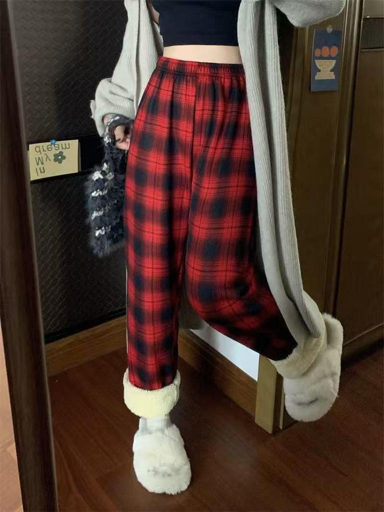 Women's High-Waisted Plaid Wide-Leg Pants - Autumn/Winter Casual Velvet Trousers