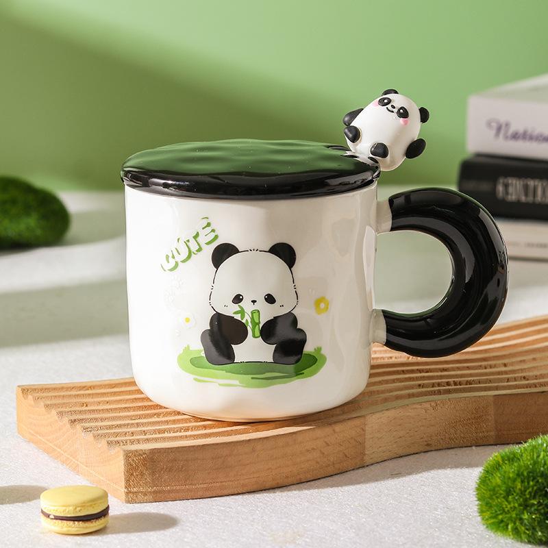 High Value Panda Cup Large Capacity Ceramic Mug with Lid Spoon Couple Home Drinking Water Cup Girls Coffee Cup