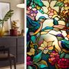 Colorful Retro Floral & Bird Static Cling Window Film - No Glue, Removable
