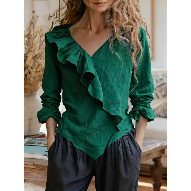 

New 2026 Women s Solid Color V-Neck Long Sleeve Casual Loose Ruffle Top S зелёный
