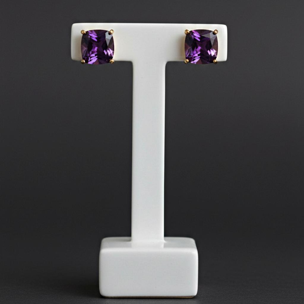 Orecchini a Bottone in Ametista Viola, Pietra Preziosa Taglio Cushion Fatta a Mano, Gioielli Minimalisti per Donna
