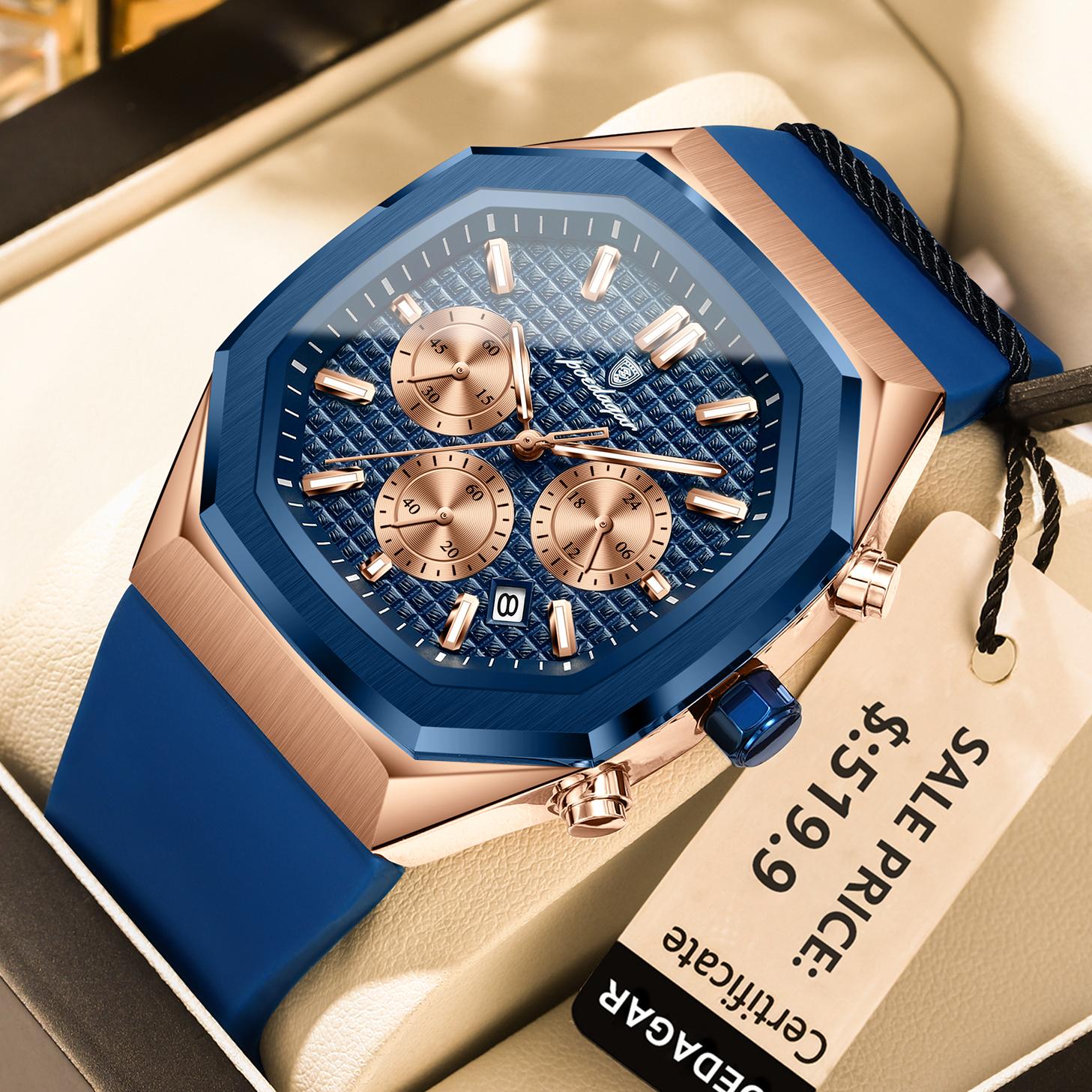 

Business Watch For Men Waterproof Luminous Chronograph Date Man Wristwatch Silicone Strap Quartz Men s Watches рожевий колір золота/синій