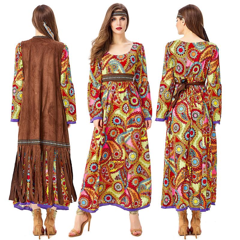 70s Retro Disco Hippie Costume Set Primitive Tribal Goddess with Headband for Cosplay Carnival Halloween