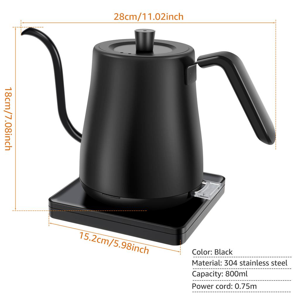 Coffee Kettle Gooseneck Electric Kettle with Base Stainless Steel Hot Water Boiler Manual Pour Over Coffee Maker Coffee Tea Pot