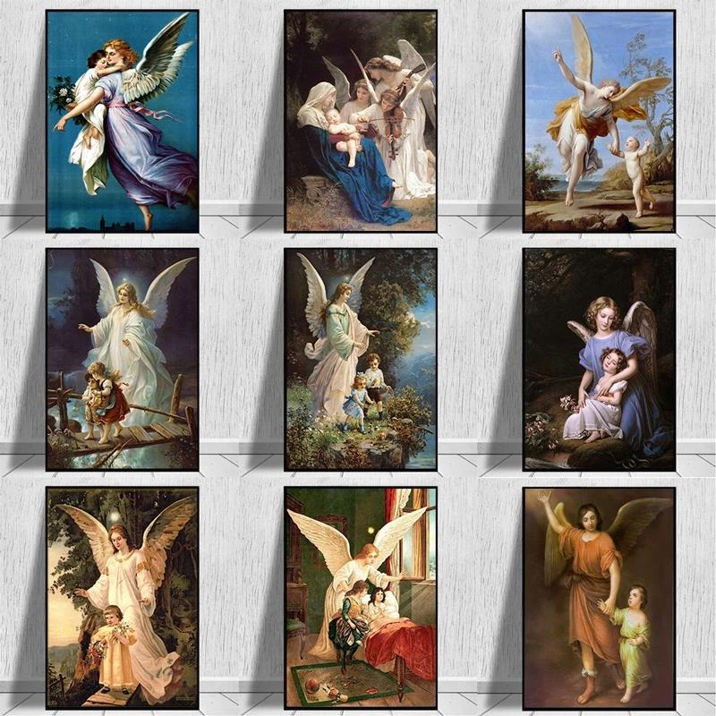 Vintage Guardian Angel with Children Canvas Painting Prints and Posters Wall Art Picture for Home Children Room Decor Cuadros